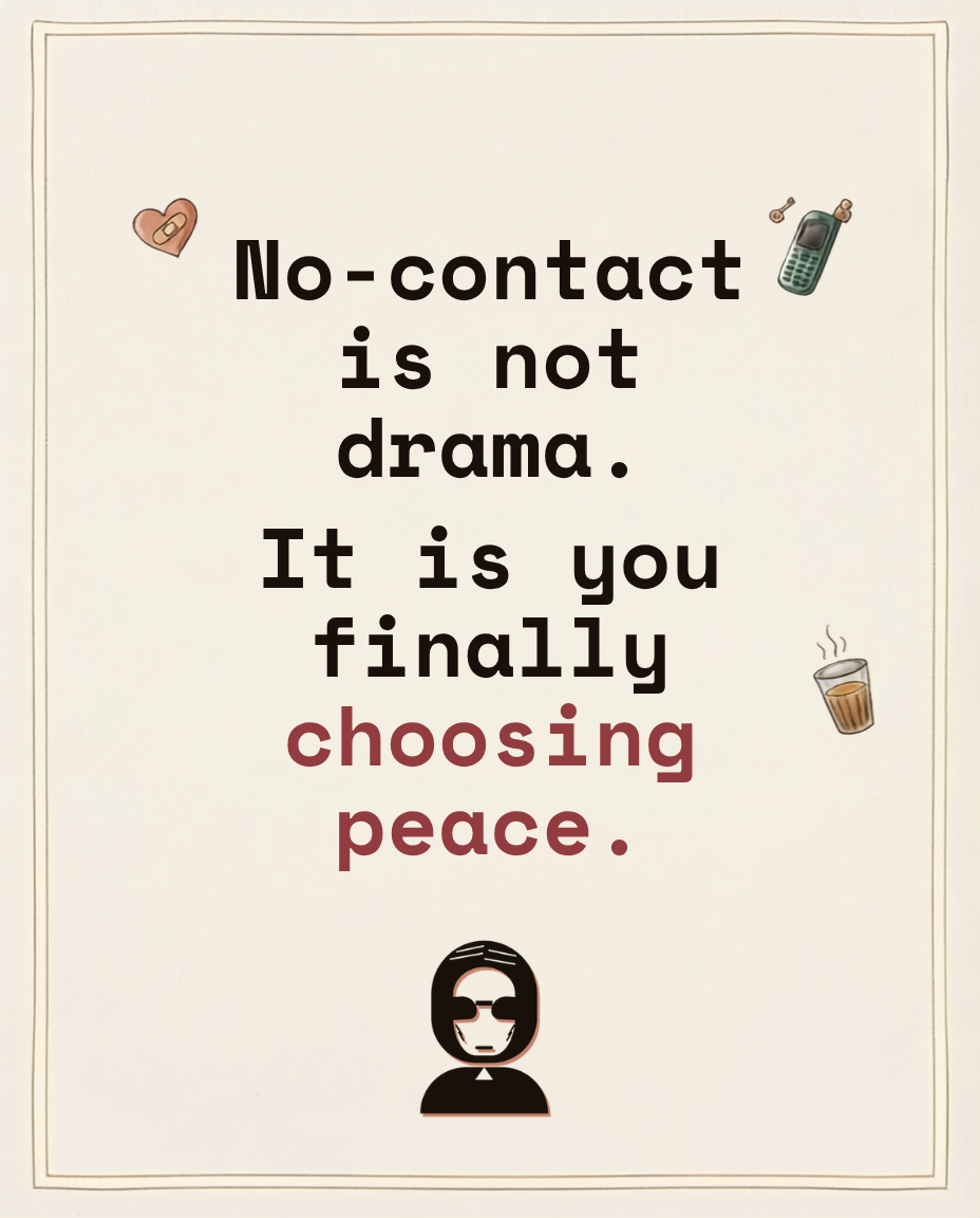 Illustrated Rizz Chechi quote card that says, “No-contact is not drama. It is you finally choosing peace,” with Chechi standing confidently in a cream kasavu saree.