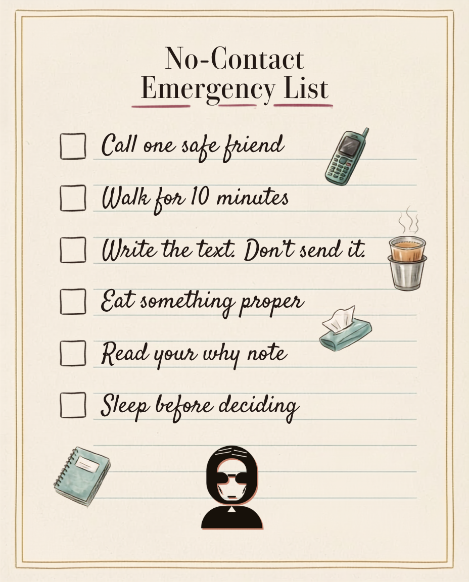 Illustrated Rizz Chechi checklist titled “No-Contact Emergency List,” with reminders to call a safe friend, walk for 10 minutes, write the text without sending it, eat something proper, read your why note, and sleep before deciding.