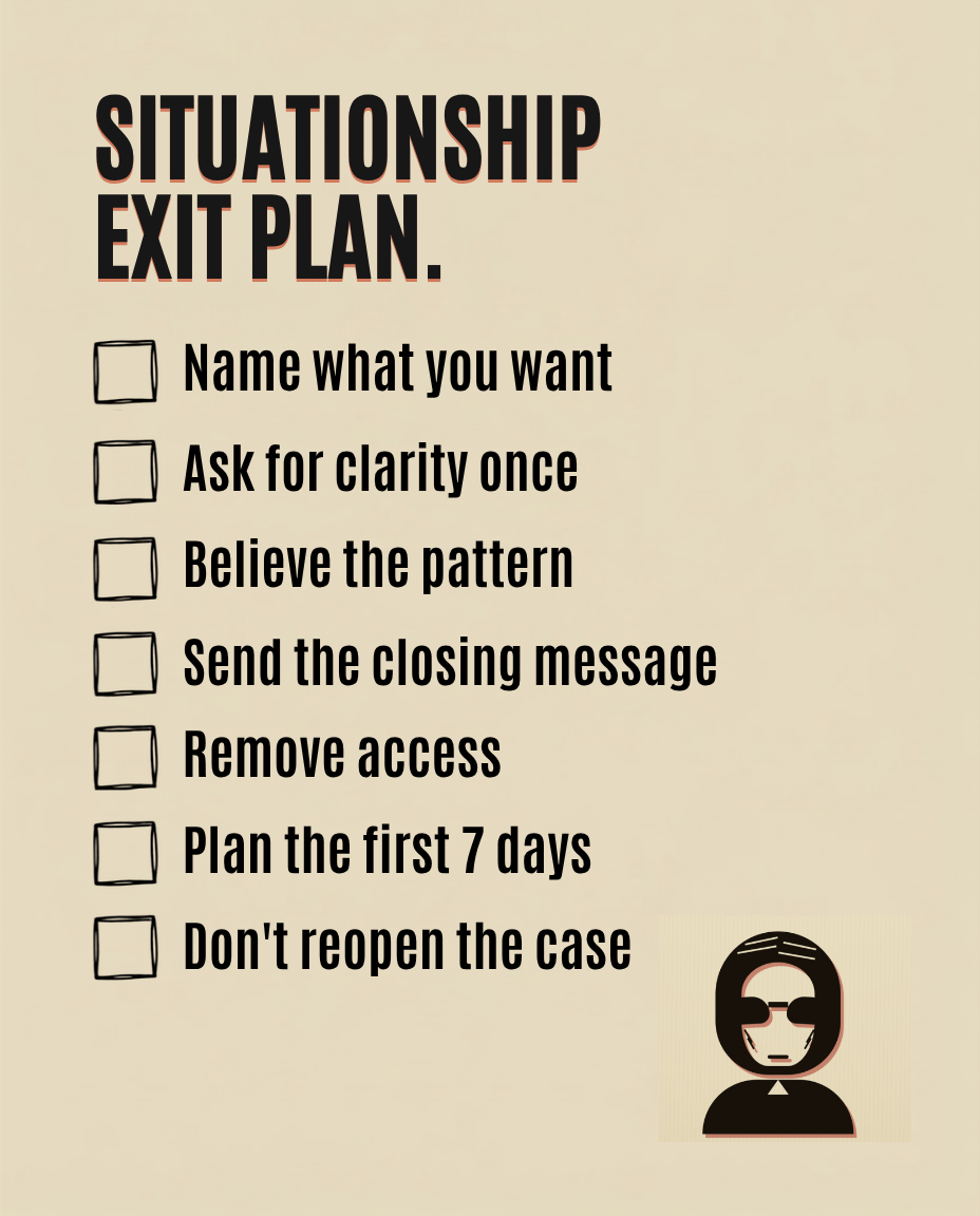 Rizz Chechi checklist titled “Situationship Exit Plan,” with steps to name what you want, ask for clarity once, believe the pattern, send a closing message, remove access, and plan the first seven days.