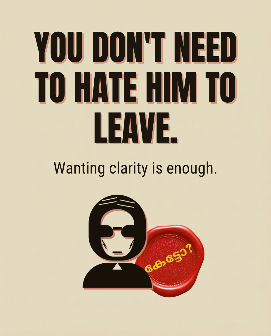 Rizz Chechi quote card that says “You don’t need to hate him to leave. Wanting clarity is enough,” with bold black typography, coral shadow, Chechi icon, and red Malayalam stamp accent.