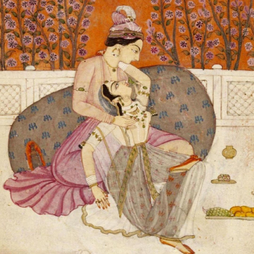 A painting illustrating classic Eastern love texts, including the Kama Sutra and Ananga Ranga