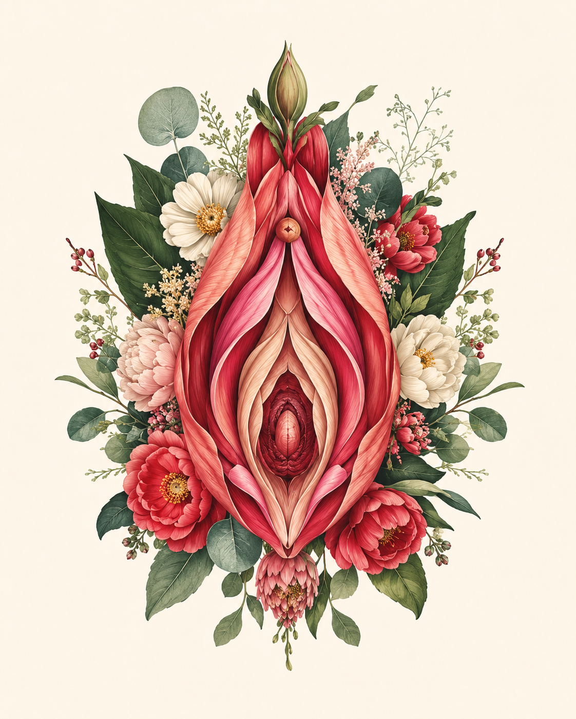 Abstract vulva-inspired composition representing female pleasure, anatomy and the orgasm gap