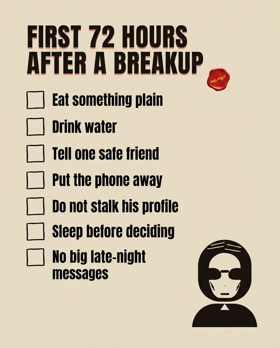 Rizz Chechi checklist titled “First 72 Hours After a Breakup,” with reminders to eat, drink water, tell a safe friend, put the phone away, avoid stalking his profile, and not send late-night messages.