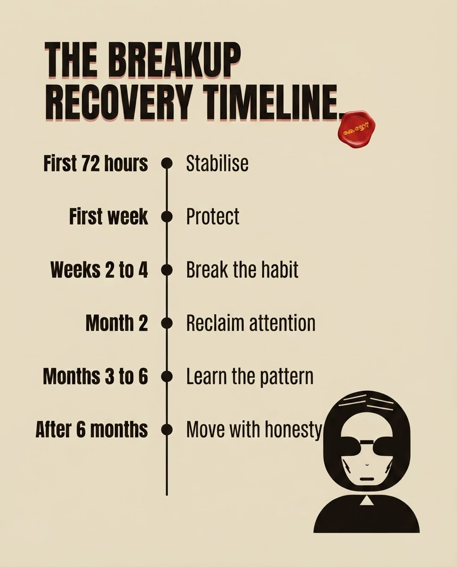 Rizz Chechi timeline graphic showing breakup recovery stages from the first 72 hours to after six months, including stabilising, protecting, breaking the habit, reclaiming attention, and moving with honesty.