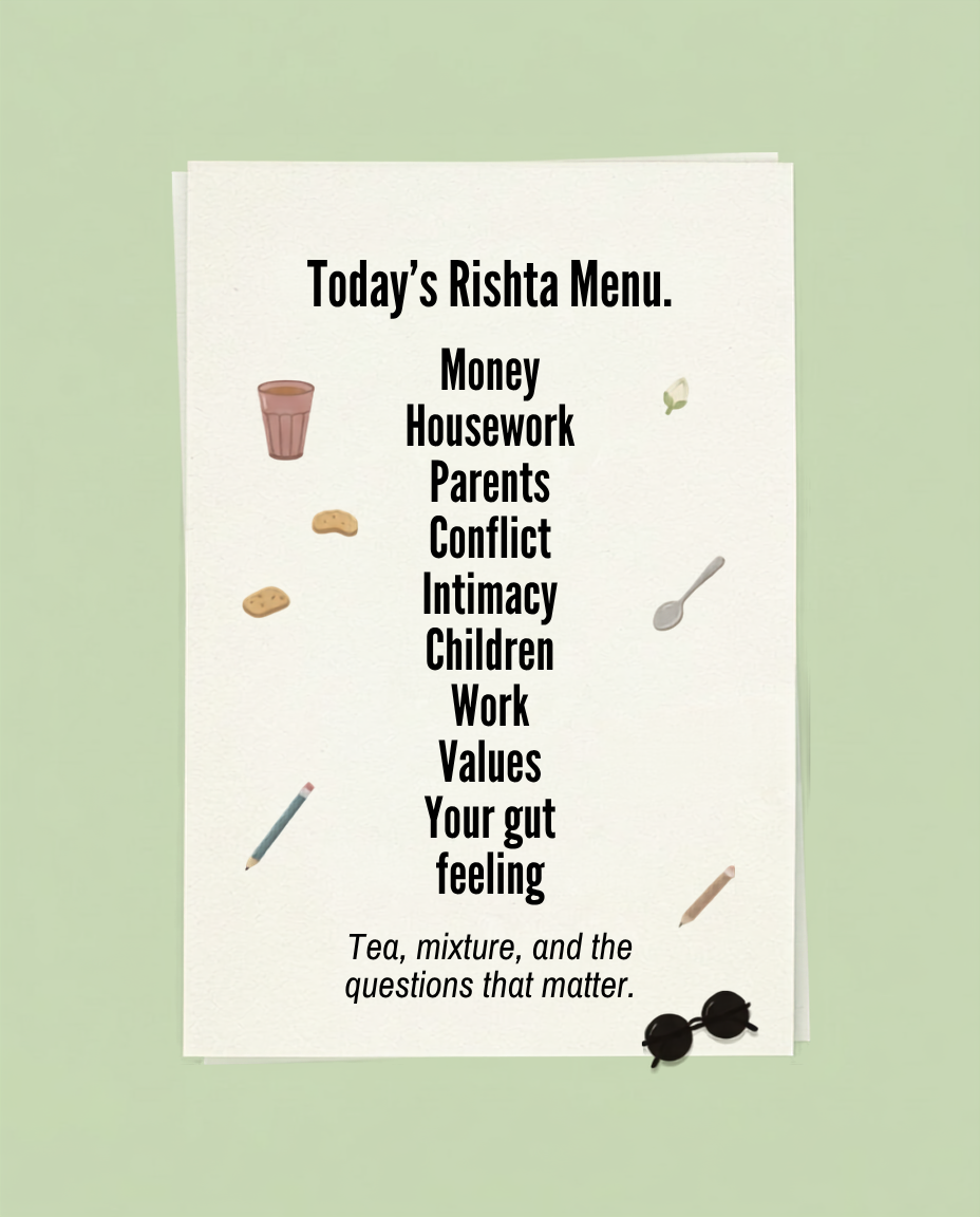 Illustrated rishta menu card listing important arranged marriage questions: money, housework, parents, conflict, intimacy, children, work, values, and gut feeling, with chai, biscuits, pencils, spoon, and Rizz Chechi sunglasses.
