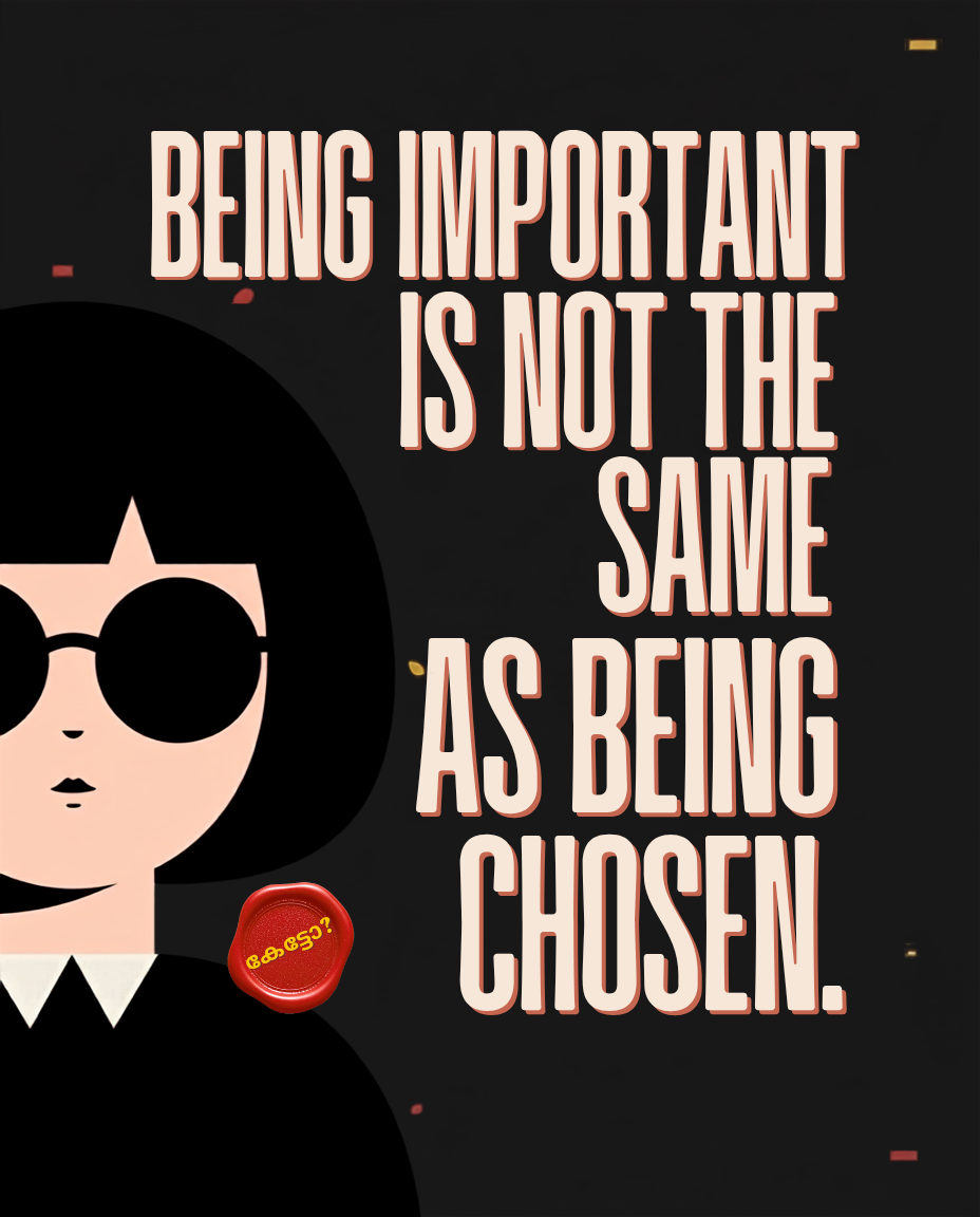 Rizz Chechi editorial poster with bold text saying “Being important is not the same as being chosen,” featuring a cropped Chechi icon in sunglasses on a dark background.