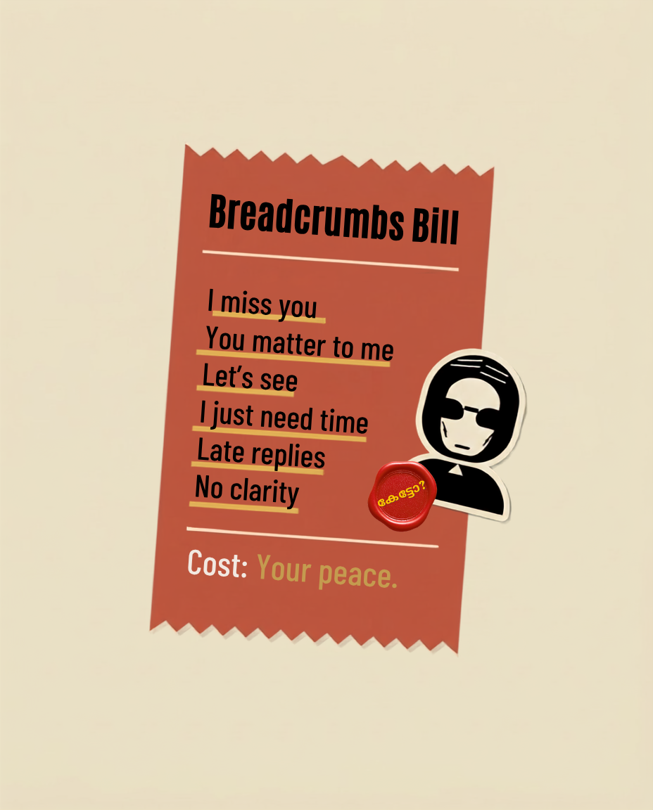 Rizz Chechi receipt-style graphic titled “Breadcrumb Bill,” listing vague messages like “I miss you,” “You matter to me,” “Let’s see,” and “I just need time,” with the cost shown as “Your peace.”