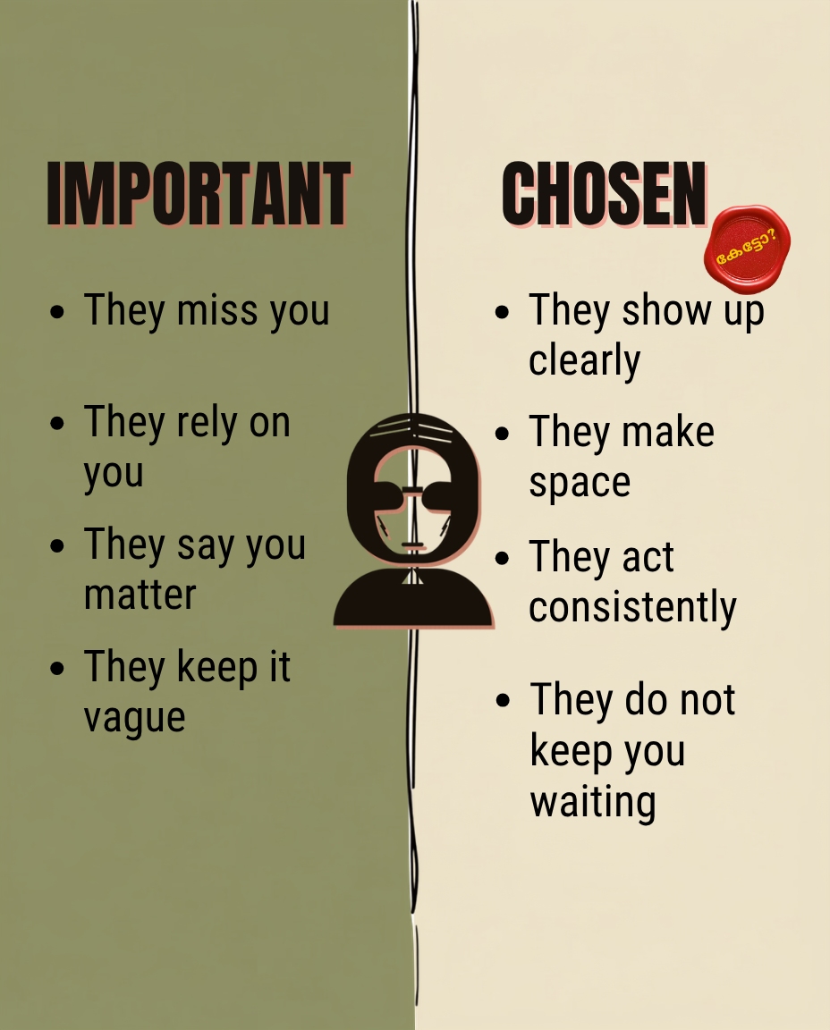 Rizz Chechi split graphic comparing being important with being chosen, showing that being chosen means clear effort, space, consistency, and not being kept waiting.