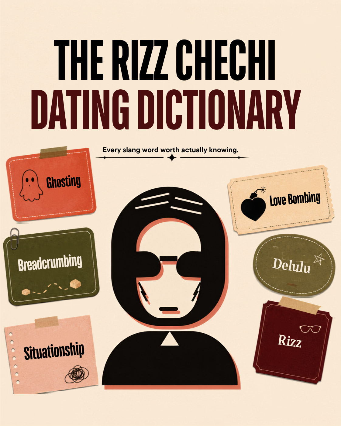 Glossary of modern dating words like breadcrumbing, delulu, love bombing, rizz