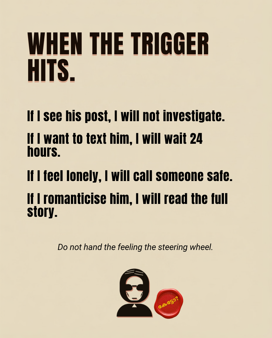 Rizz Chechi trigger plan card with reminders not to investigate posts, to wait before texting, to call someone safe when lonely, and to read the full story when romanticising an ex.